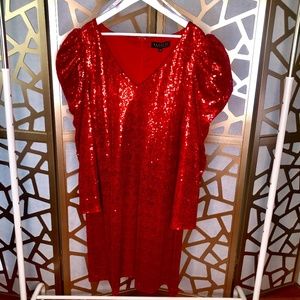 RED Drama Sleeve V-Neck Sequin Dress